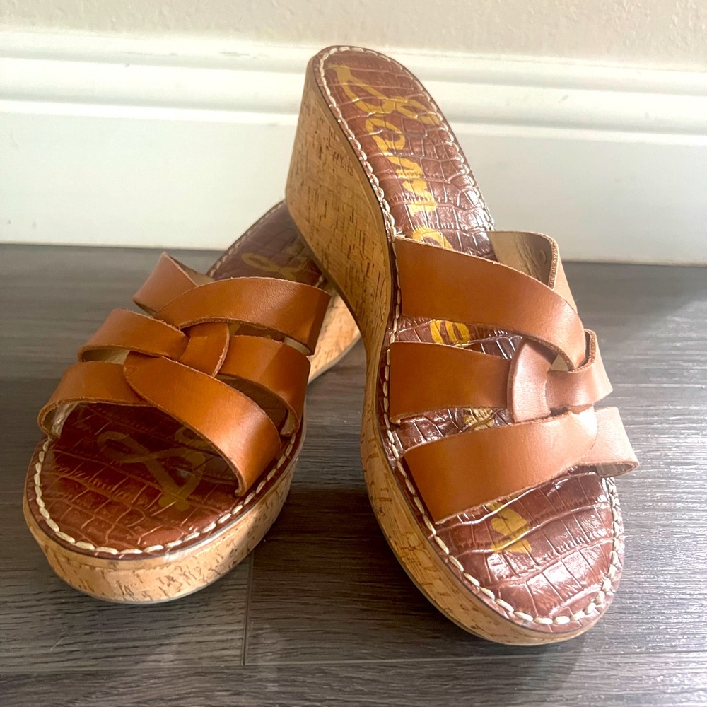 Sam Edelman Raynere Women’s Wedge Sandals Heels Cognac Cork Leather Size 9.5